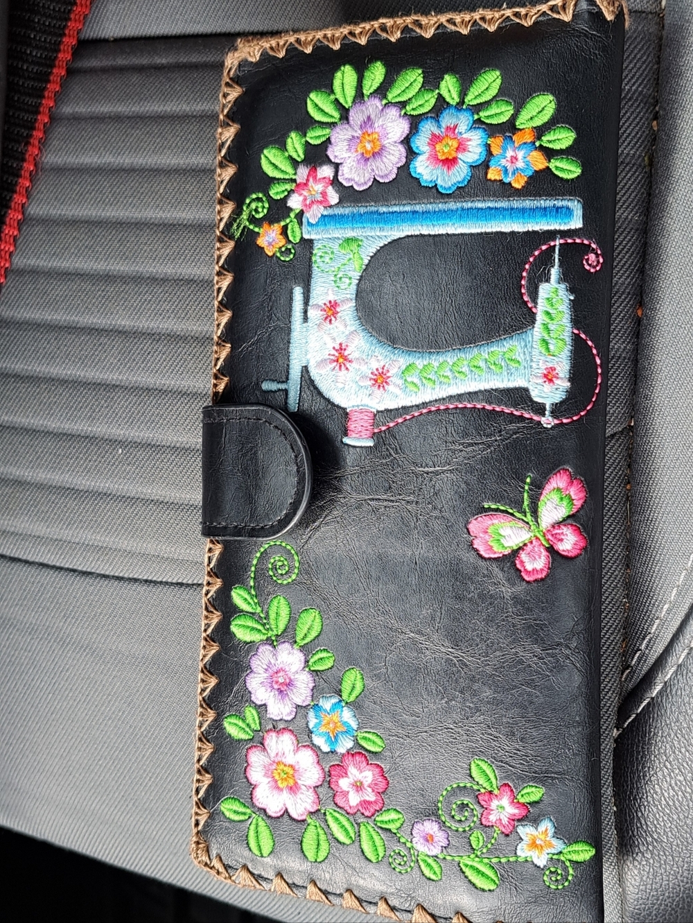 Lavish Black Wallet with Colorful Floral & Sewing Machine Embroidery